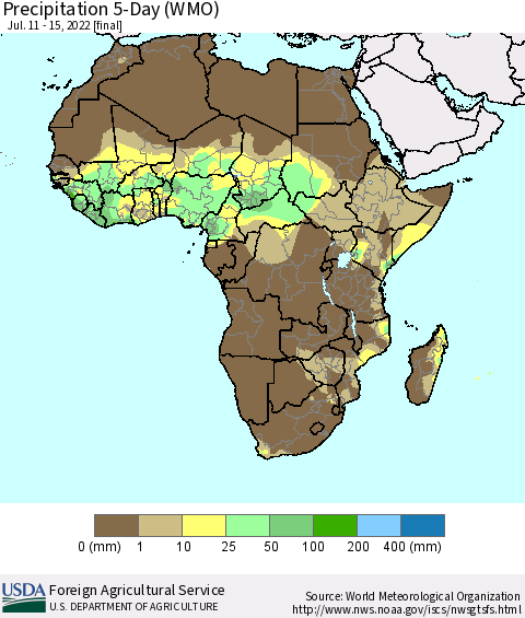 Africa Precipitation 5-Day (WMO) Thematic Map For 7/11/2022 - 7/15/2022