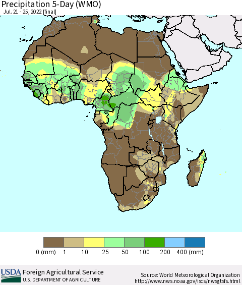 Africa Precipitation 5-Day (WMO) Thematic Map For 7/21/2022 - 7/25/2022