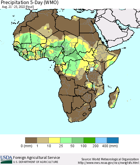 Africa Precipitation 5-Day (WMO) Thematic Map For 8/21/2022 - 8/25/2022