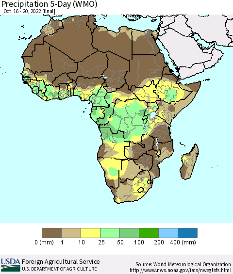Africa Precipitation 5-Day (WMO) Thematic Map For 10/16/2022 - 10/20/2022