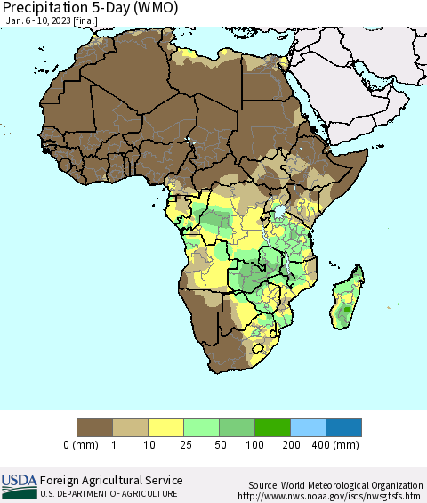 Africa Precipitation 5-Day (WMO) Thematic Map For 1/6/2023 - 1/10/2023