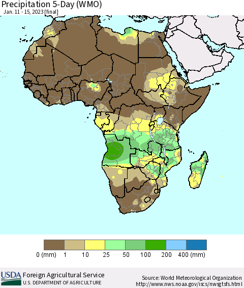 Africa Precipitation 5-Day (WMO) Thematic Map For 1/11/2023 - 1/15/2023