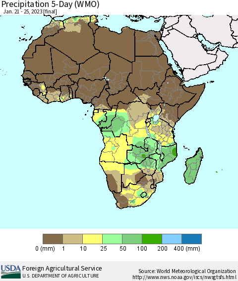 Africa Precipitation 5-Day (WMO) Thematic Map For 1/21/2023 - 1/25/2023