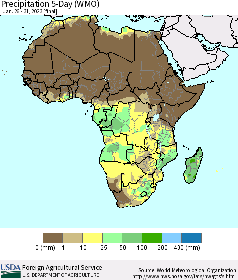 Africa Precipitation 5-Day (WMO) Thematic Map For 1/26/2023 - 1/31/2023