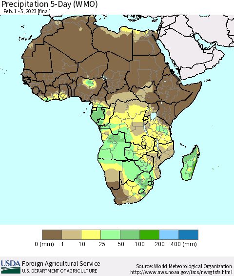 Africa Precipitation 5-Day (WMO) Thematic Map For 2/1/2023 - 2/5/2023