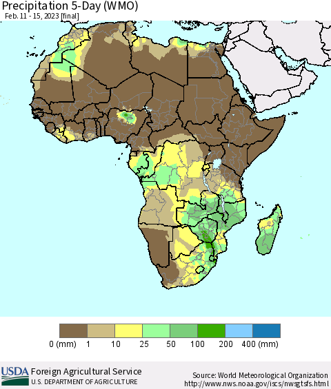 Africa Precipitation 5-Day (WMO) Thematic Map For 2/11/2023 - 2/15/2023