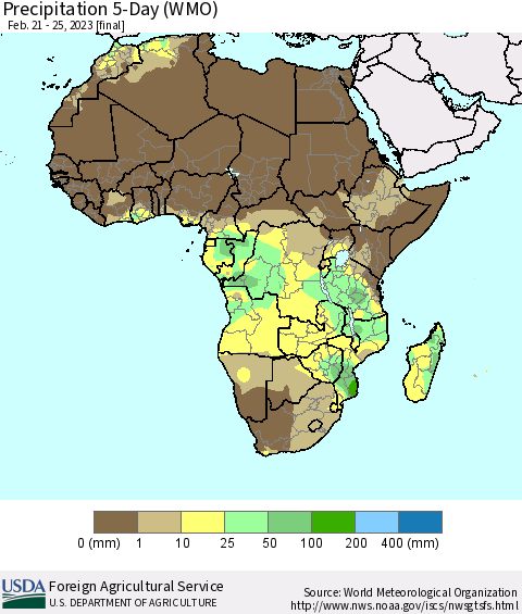 Africa Precipitation 5-Day (WMO) Thematic Map For 2/21/2023 - 2/25/2023