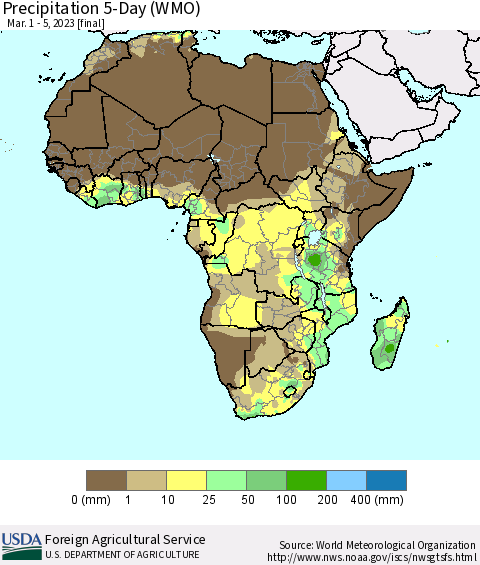 Africa Precipitation 5-Day (WMO) Thematic Map For 3/1/2023 - 3/5/2023
