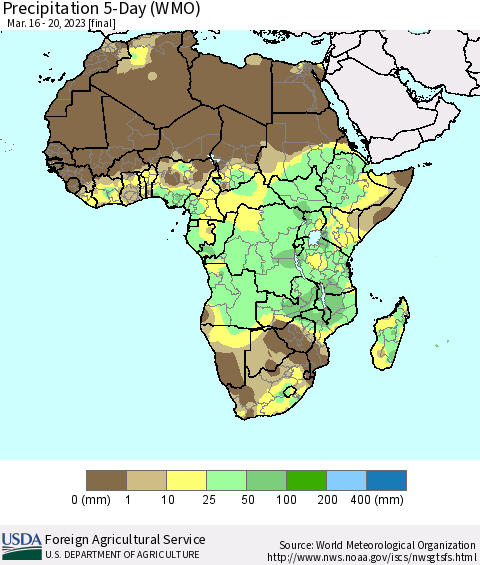 Africa Precipitation 5-Day (WMO) Thematic Map For 3/16/2023 - 3/20/2023