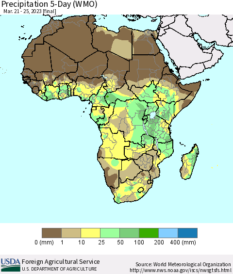 Africa Precipitation 5-Day (WMO) Thematic Map For 3/21/2023 - 3/25/2023