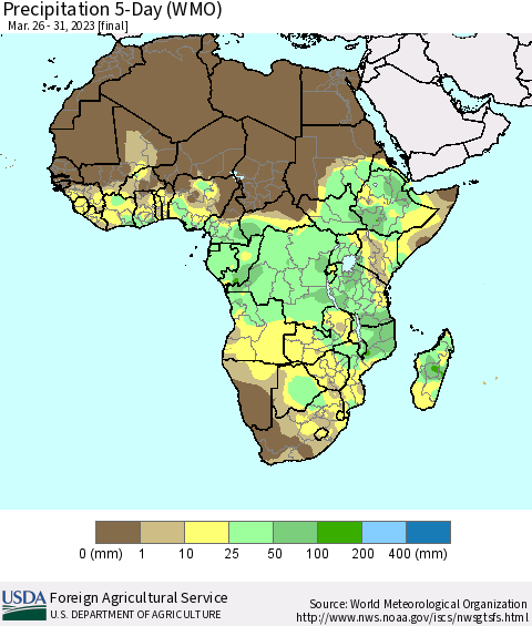 Africa Precipitation 5-Day (WMO) Thematic Map For 3/26/2023 - 3/31/2023