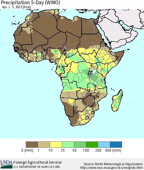 Africa Precipitation 5-Day (WMO) Thematic Map For 4/1/2023 - 4/5/2023