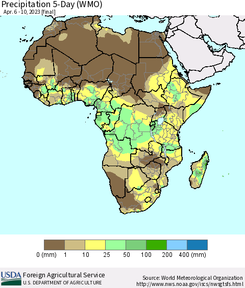 Africa Precipitation 5-Day (WMO) Thematic Map For 4/6/2023 - 4/10/2023