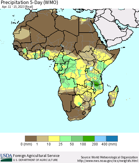 Africa Precipitation 5-Day (WMO) Thematic Map For 4/11/2023 - 4/15/2023