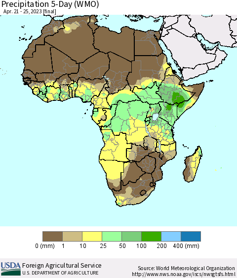 Africa Precipitation 5-Day (WMO) Thematic Map For 4/21/2023 - 4/25/2023