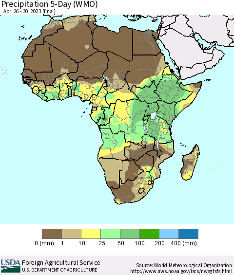 Africa Precipitation 5-Day (WMO) Thematic Map For 4/26/2023 - 4/30/2023