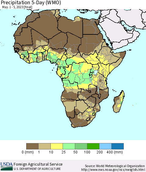 Africa Precipitation 5-Day (WMO) Thematic Map For 5/1/2023 - 5/5/2023