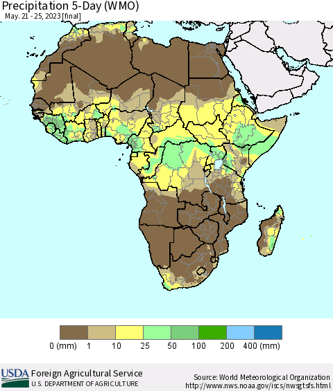 Africa Precipitation 5-Day (WMO) Thematic Map For 5/21/2023 - 5/25/2023