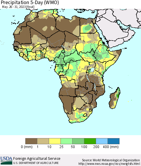 Africa Precipitation 5-Day (WMO) Thematic Map For 5/26/2023 - 5/31/2023