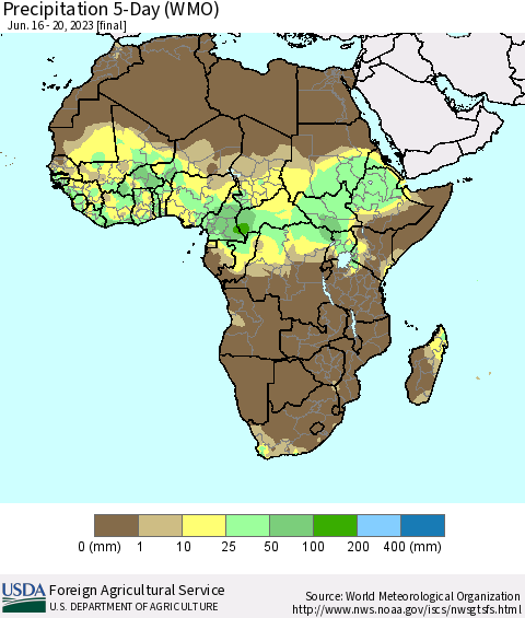 Africa Precipitation 5-Day (WMO) Thematic Map For 6/16/2023 - 6/20/2023