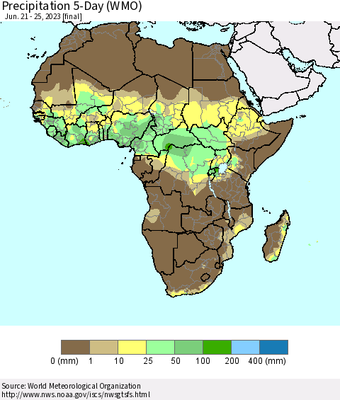 Africa Precipitation 5-Day (WMO) Thematic Map For 6/21/2023 - 6/25/2023