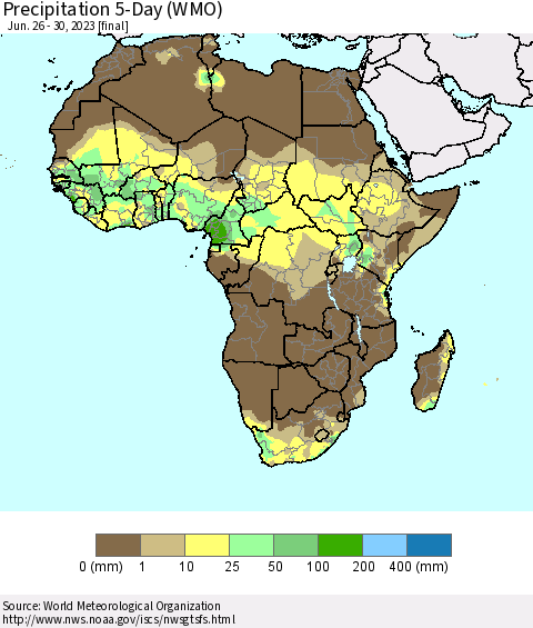 Africa Precipitation 5-Day (WMO) Thematic Map For 6/26/2023 - 6/30/2023