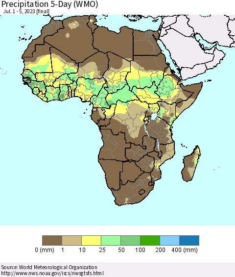 Africa Precipitation 5-Day (WMO) Thematic Map For 7/1/2023 - 7/5/2023