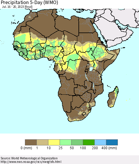 Africa Precipitation 5-Day (WMO) Thematic Map For 7/16/2023 - 7/20/2023