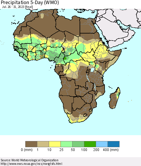Africa Precipitation 5-Day (WMO) Thematic Map For 7/26/2023 - 7/31/2023