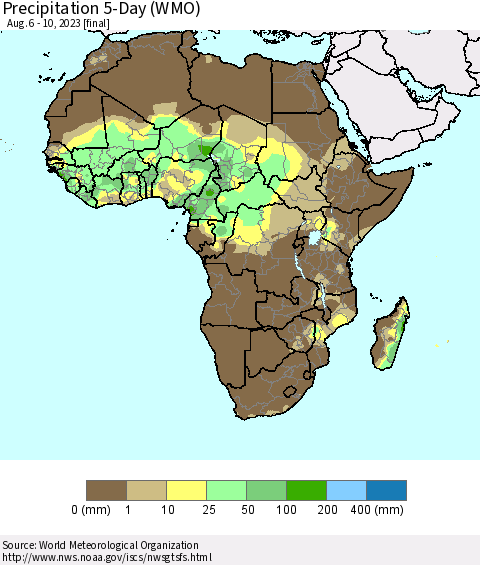 Africa Precipitation 5-Day (WMO) Thematic Map For 8/6/2023 - 8/10/2023
