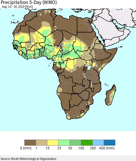 Africa Precipitation 5-Day (WMO) Thematic Map For 8/16/2023 - 8/20/2023