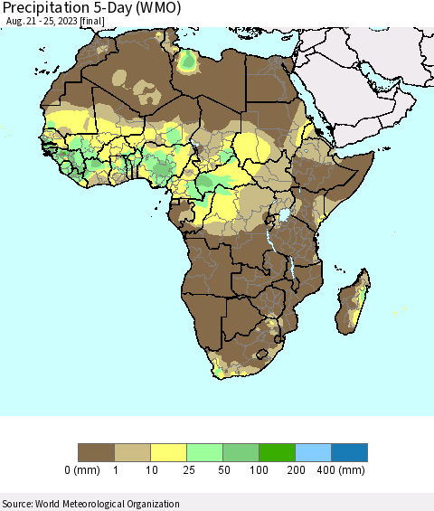 Africa Precipitation 5-Day (WMO) Thematic Map For 8/21/2023 - 8/25/2023