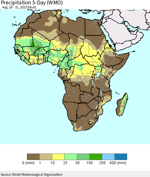 Africa Precipitation 5-Day (WMO) Thematic Map For 8/26/2023 - 8/31/2023