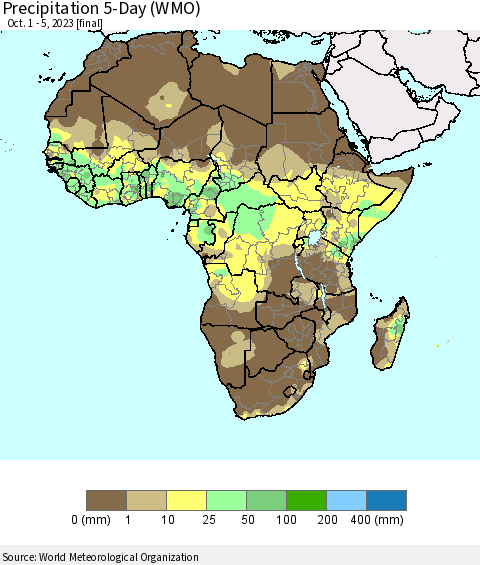 Africa Precipitation 5-Day (WMO) Thematic Map For 10/1/2023 - 10/5/2023