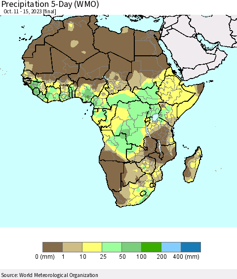 Africa Precipitation 5-Day (WMO) Thematic Map For 10/11/2023 - 10/15/2023