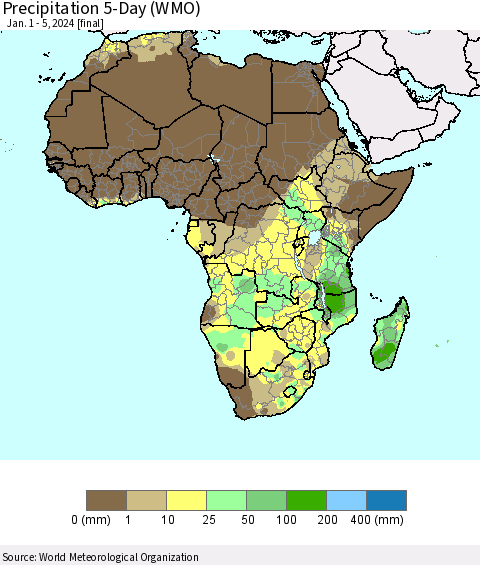 Africa Precipitation 5-Day (WMO) Thematic Map For 1/1/2024 - 1/5/2024