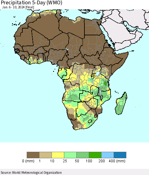 Africa Precipitation 5-Day (WMO) Thematic Map For 1/6/2024 - 1/10/2024
