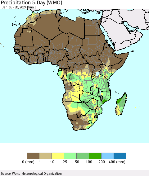Africa Precipitation 5-Day (WMO) Thematic Map For 1/16/2024 - 1/20/2024