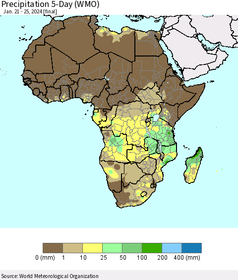 Africa Precipitation 5-Day (WMO) Thematic Map For 1/21/2024 - 1/25/2024