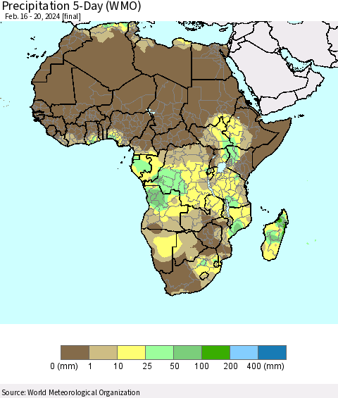 Africa Precipitation 5-Day (WMO) Thematic Map For 2/16/2024 - 2/20/2024