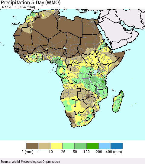 Africa Precipitation 5-Day (WMO) Thematic Map For 3/26/2024 - 3/31/2024