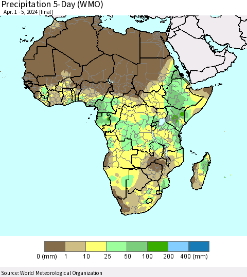 Africa Precipitation 5-Day (WMO) Thematic Map For 4/1/2024 - 4/5/2024
