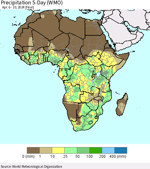 Africa Precipitation 5-Day (WMO) Thematic Map For 4/6/2024 - 4/10/2024