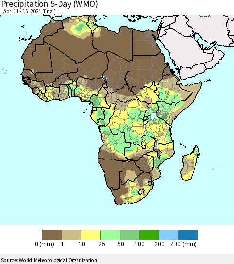 Africa Precipitation 5-Day (WMO) Thematic Map For 4/11/2024 - 4/15/2024