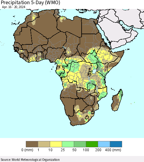 Africa Precipitation 5-Day (WMO) Thematic Map For 4/16/2024 - 4/20/2024