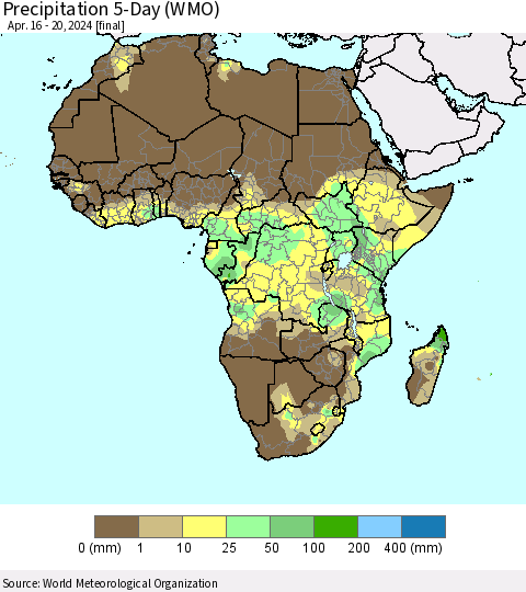 Africa Precipitation 5-Day (WMO) Thematic Map For 4/16/2024 - 4/20/2024