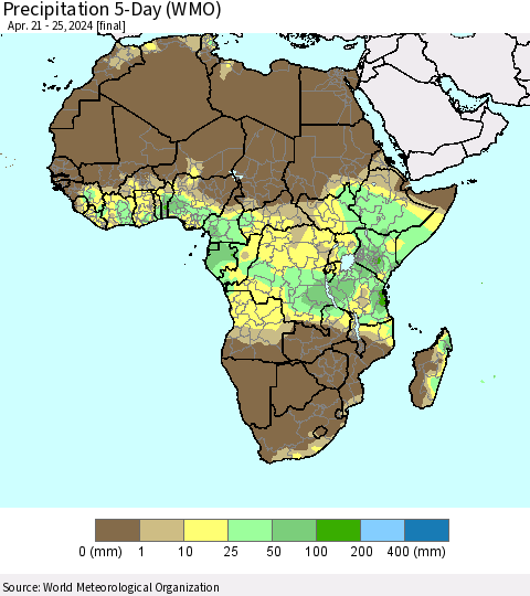Africa Precipitation 5-Day (WMO) Thematic Map For 4/21/2024 - 4/25/2024