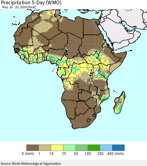 Africa Precipitation 5-Day (WMO) Thematic Map For 5/16/2024 - 5/20/2024
