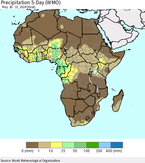 Africa Precipitation 5-Day (WMO) Thematic Map For 5/26/2024 - 5/31/2024