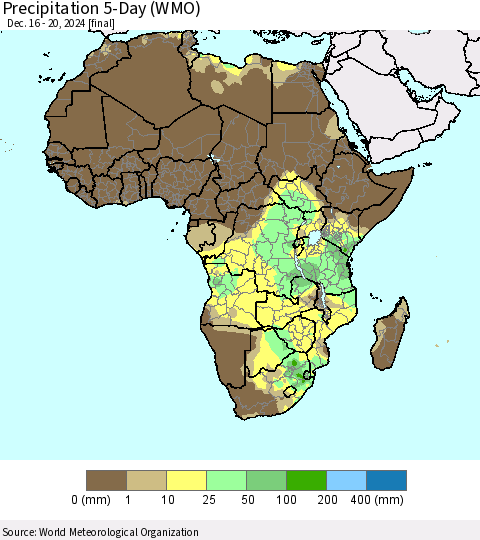 Africa Precipitation 5-Day (WMO) Thematic Map For 12/16/2024 - 12/20/2024
